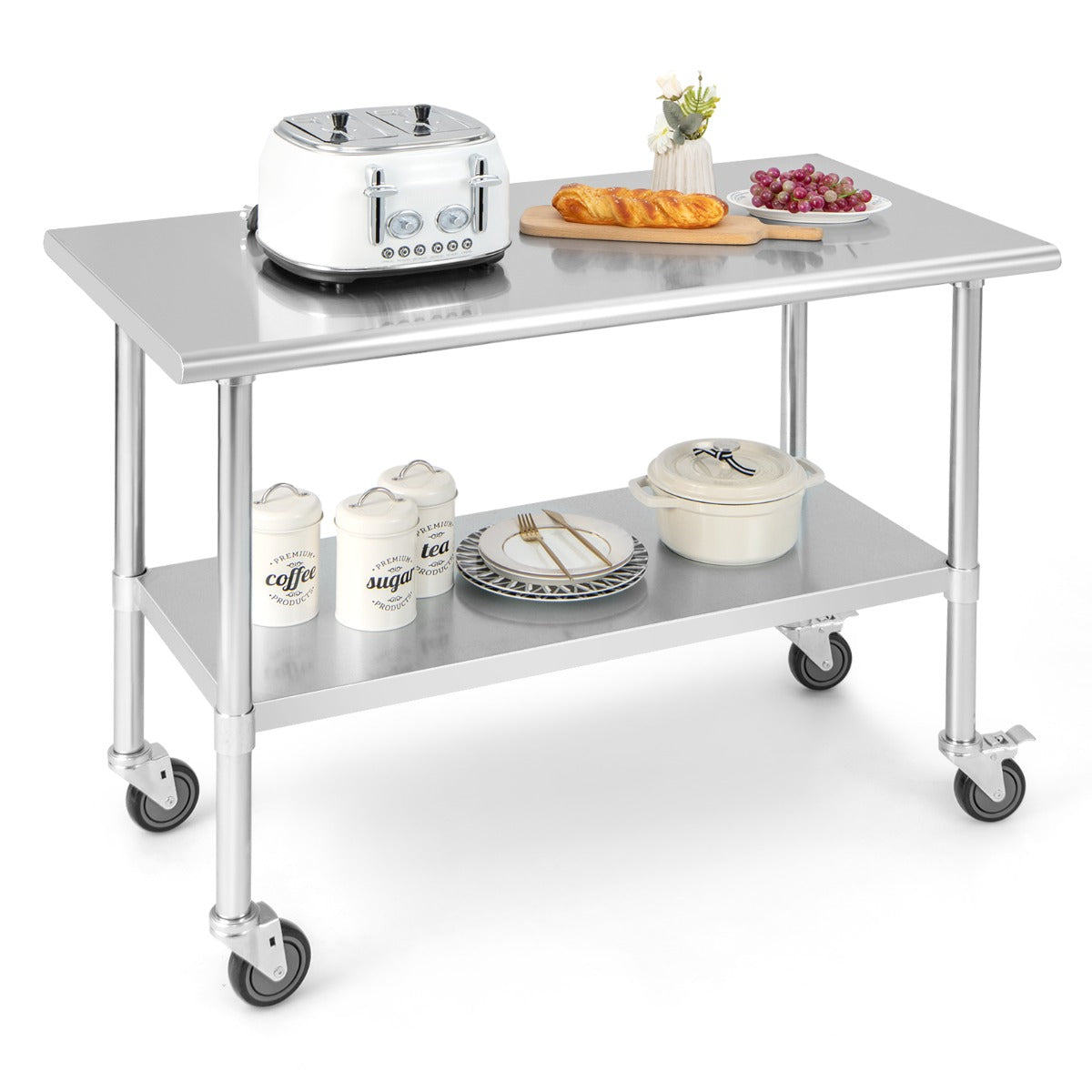 Stainless Steel Table Cart with 4 Universal Wheels for Kitchen