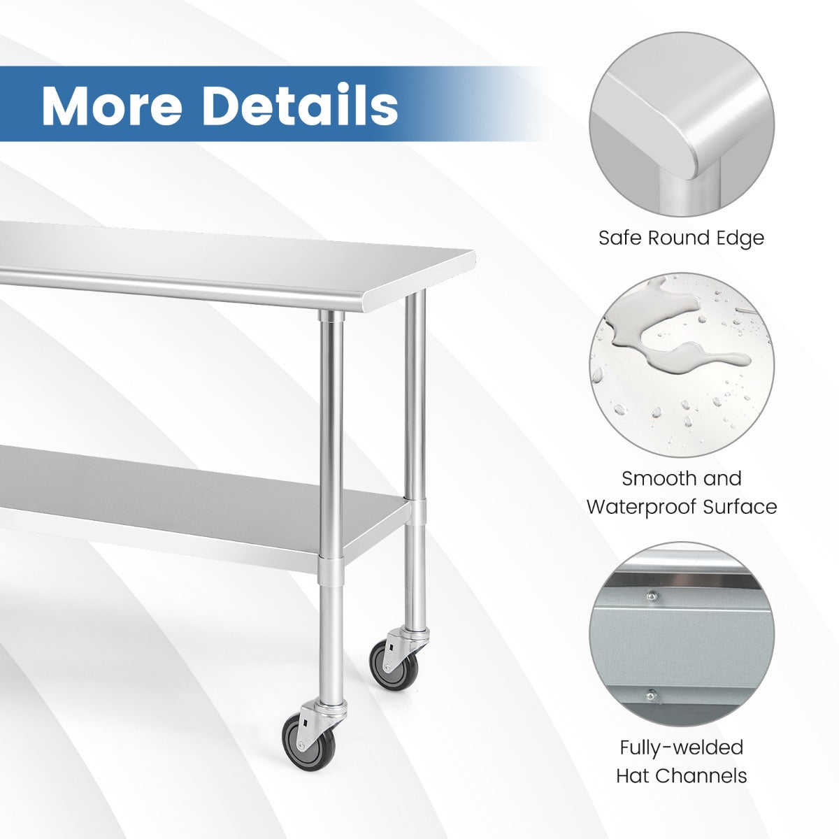 Stainless Steel Table Cart with 4 Universal Wheels for Kitchen