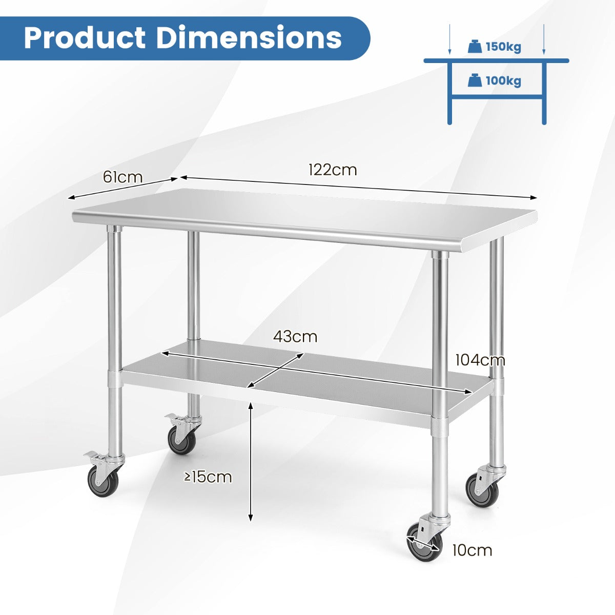 Stainless Steel Table Cart with 4 Universal Wheels for Kitchen