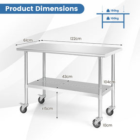 Stainless Steel Table Cart with 4 Universal Wheels for Kitchen
