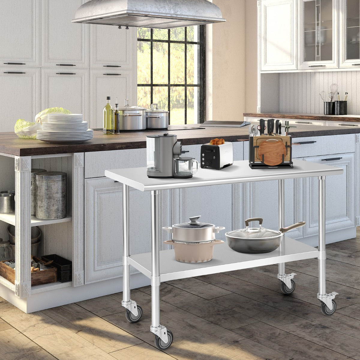Stainless Steel Table Cart with 4 Universal Wheels for Kitchen