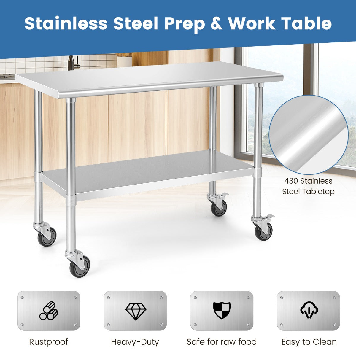 Stainless Steel Table Cart with 4 Universal Wheels for Kitchen
