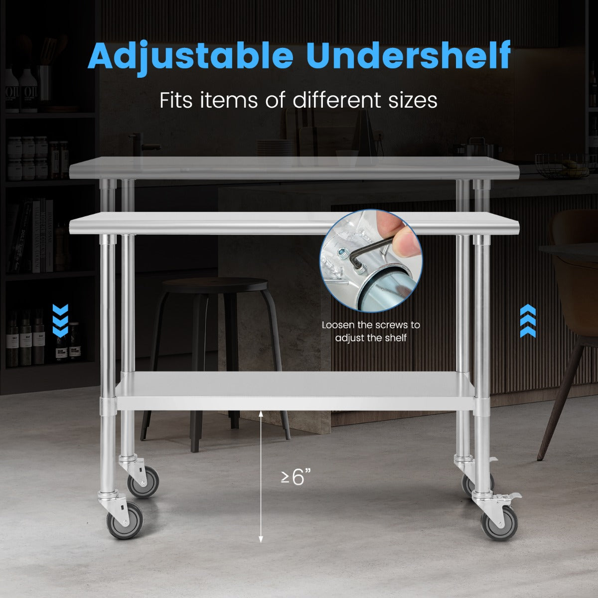Stainless Steel Table Cart with 4 Universal Wheels for Kitchen