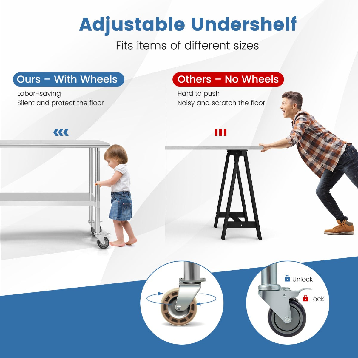 Stainless Steel Table Cart with 4 Universal Wheels for Kitchen