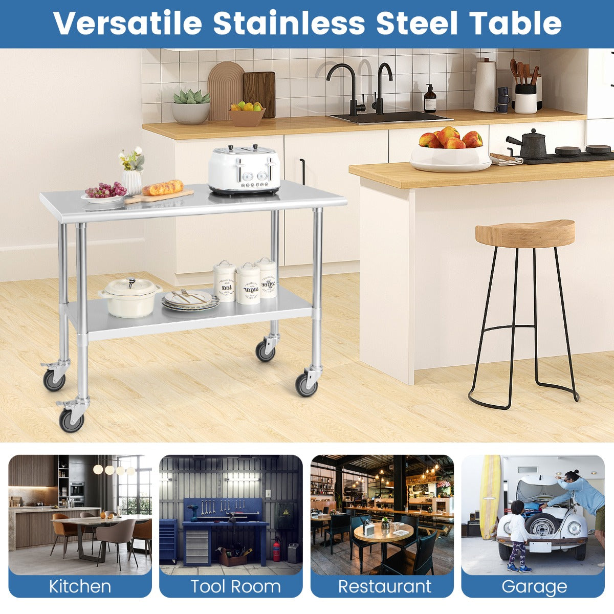 Stainless Steel Table Cart with 4 Universal Wheels for Kitchen