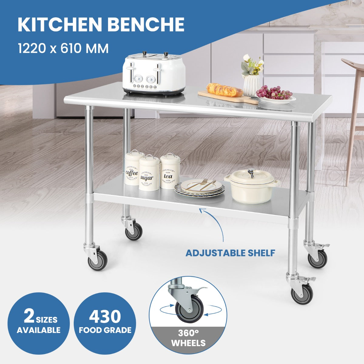 Stainless Steel Table Cart with 4 Universal Wheels for Kitchen