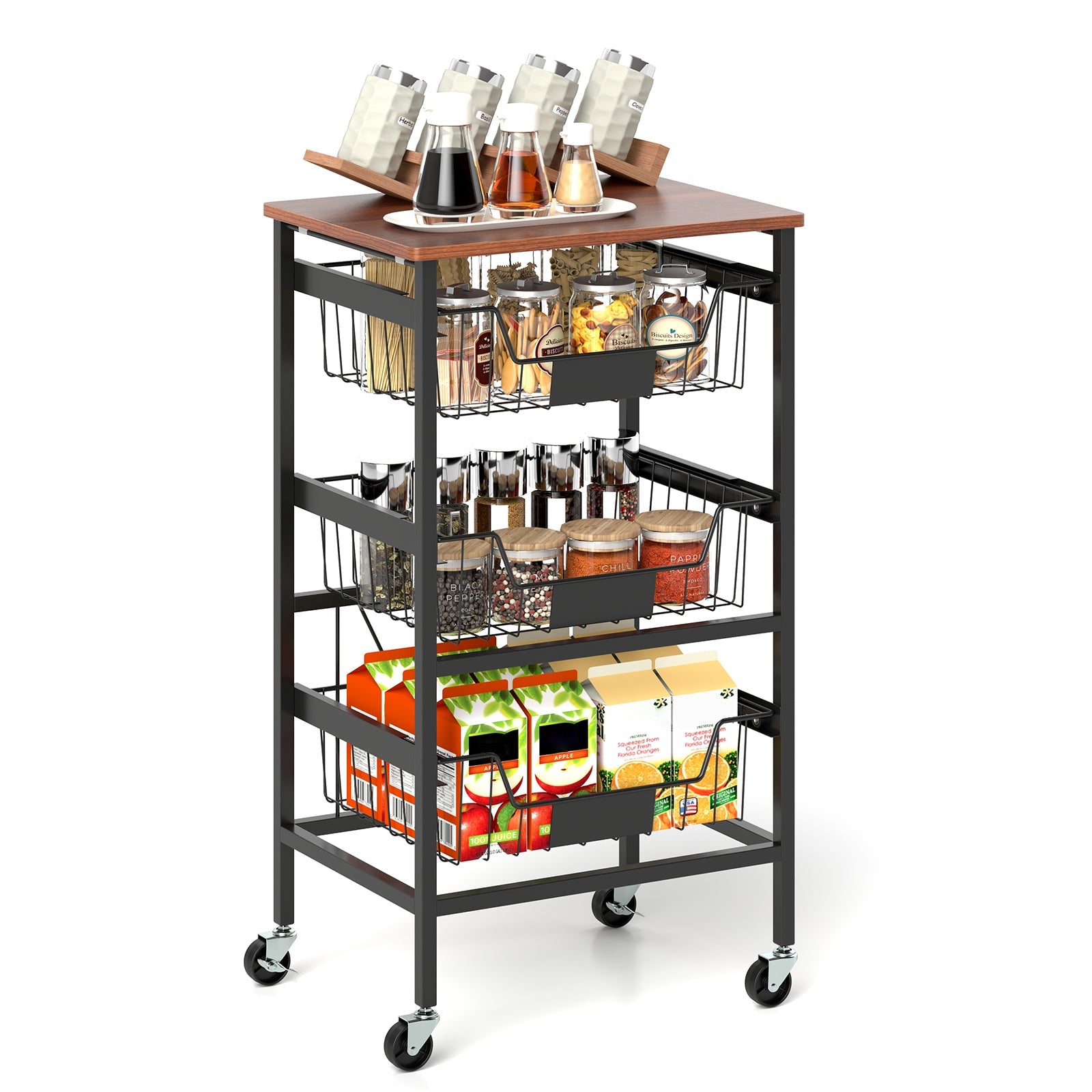 4/5-Tier Kitchen Storage Cart Utility Cart w/ Wooden Top Snack Storage Cart