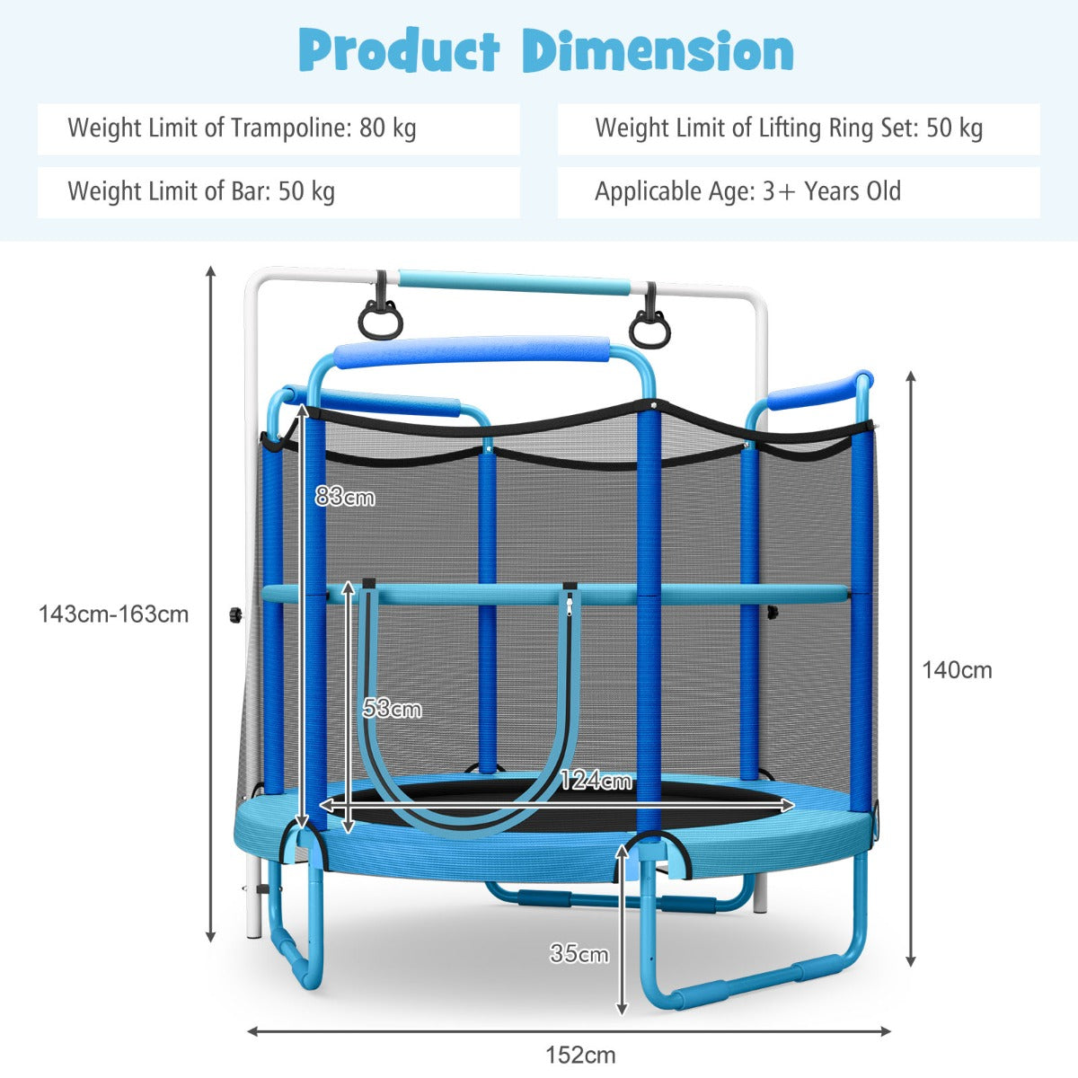 152cm Kids 3-in-1 Game Trampoline Seamless with Enclosure Net