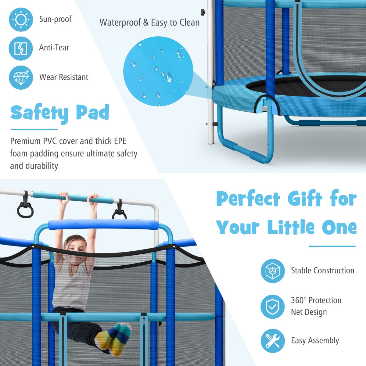 152cm Kids 3-in-1 Game Trampoline Seamless with Enclosure Net