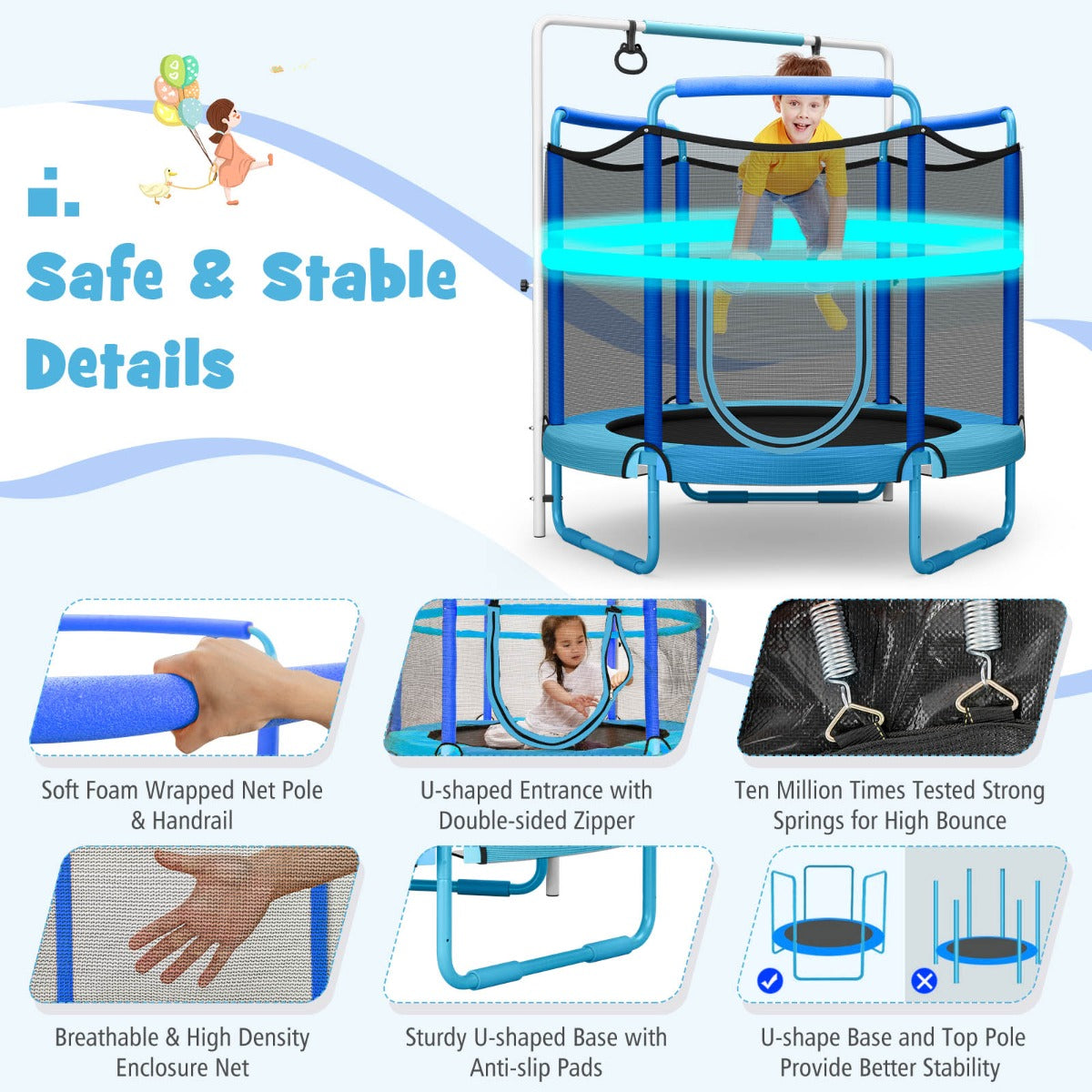 152cm Kids 3-in-1 Game Trampoline Seamless with Enclosure Net