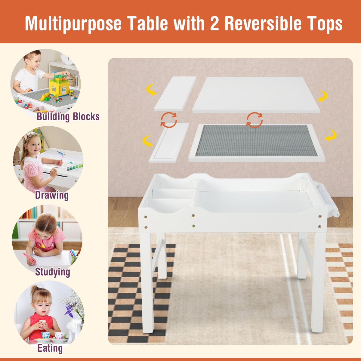 2-in-1 Kids Activity Table with Reversible Tabletop and Storage Compartments