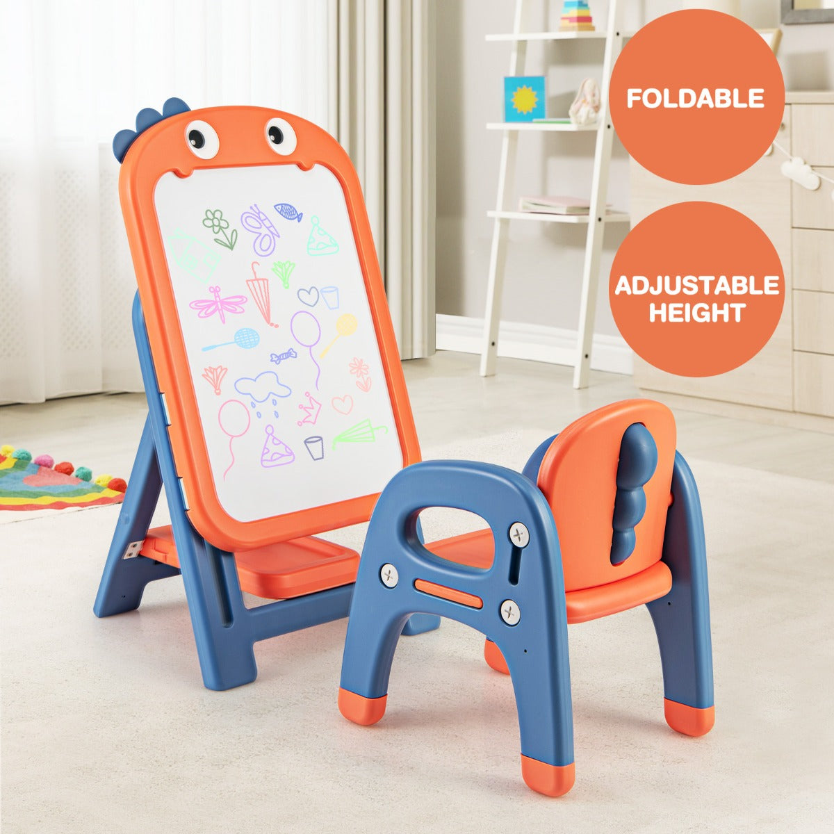 Kids Art Easel and Chair Set with Height Adjustable and Erasable Whiteboard