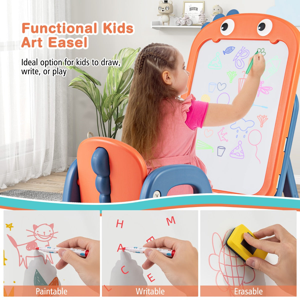 Kids Art Easel and Chair Set with Height Adjustable and Erasable Whiteboard
