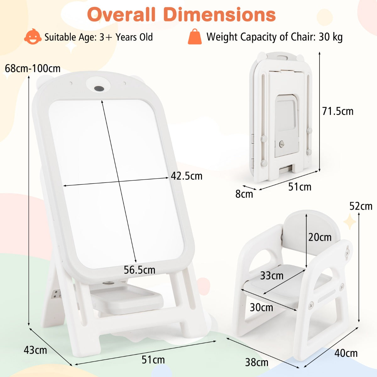 Kids Art Easel and Chair Set with Height Adjustable and Erasable Whiteboard
