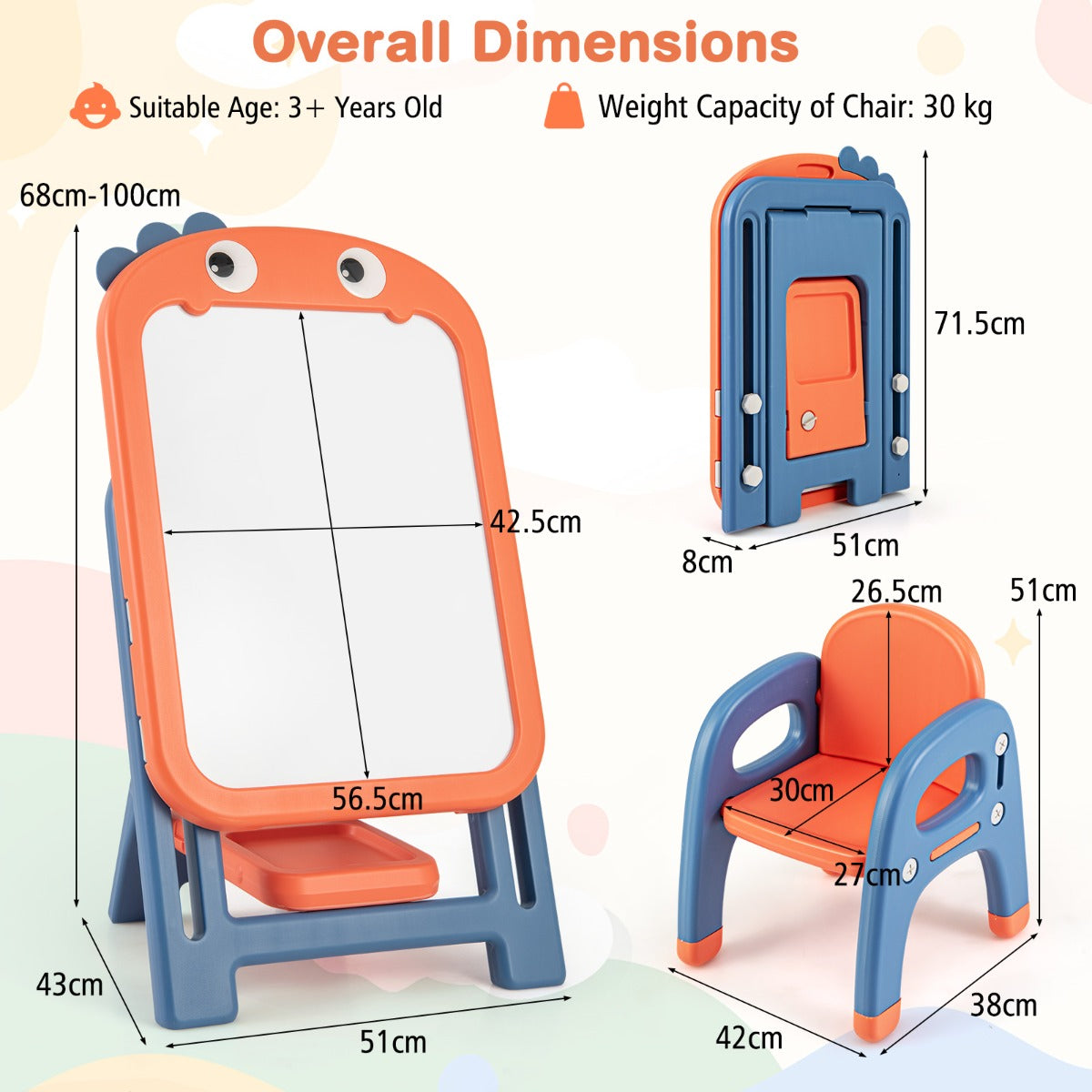 Kids Art Easel and Chair Set with Height Adjustable and Erasable Whiteboard