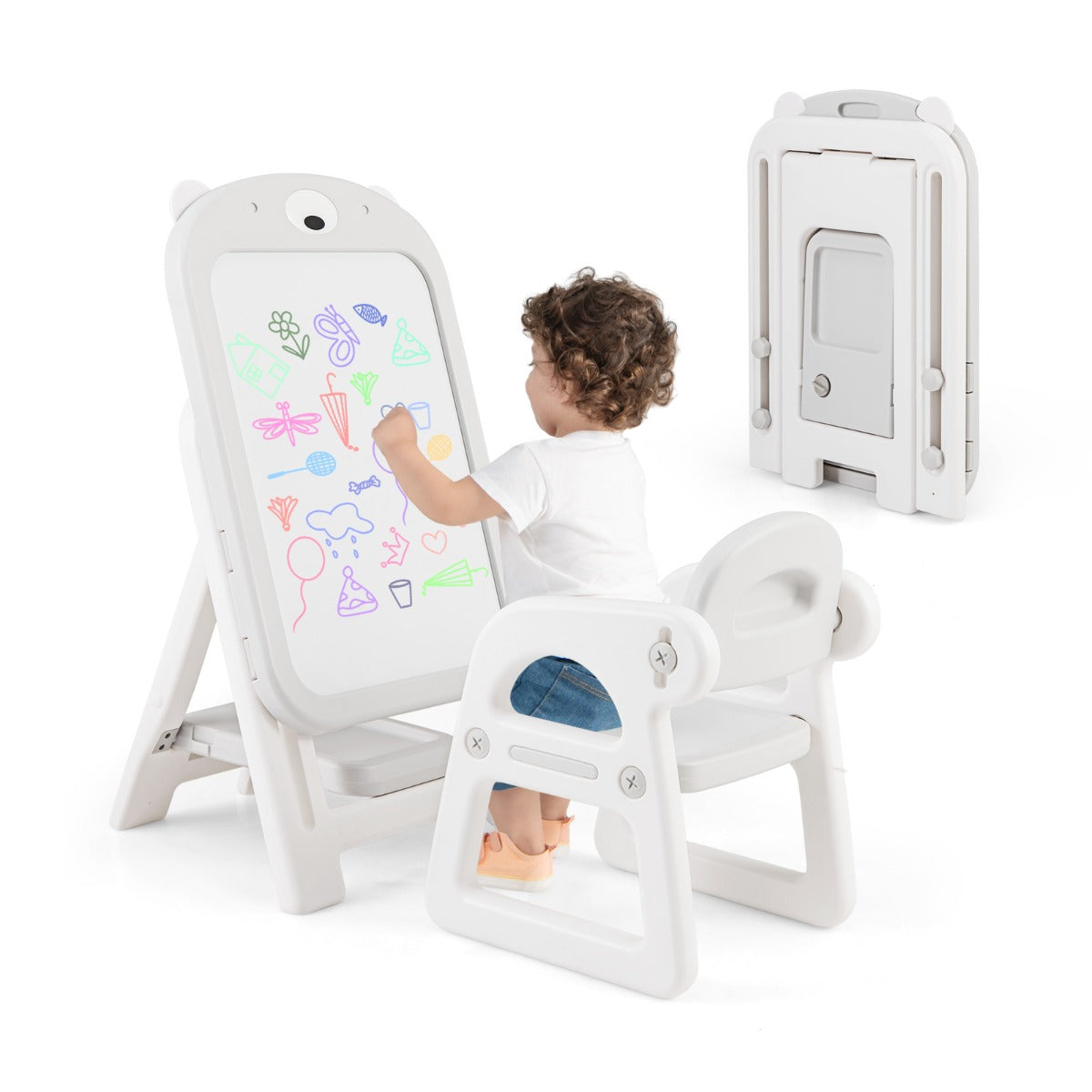 Kids Art Easel and Chair Set with Height Adjustable and Erasable Whiteboard