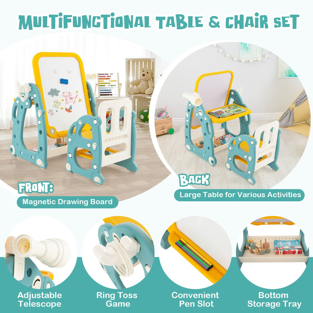 Kids Art Easel with Chair Kids Activity Table Set with Adjustable Whiteboard