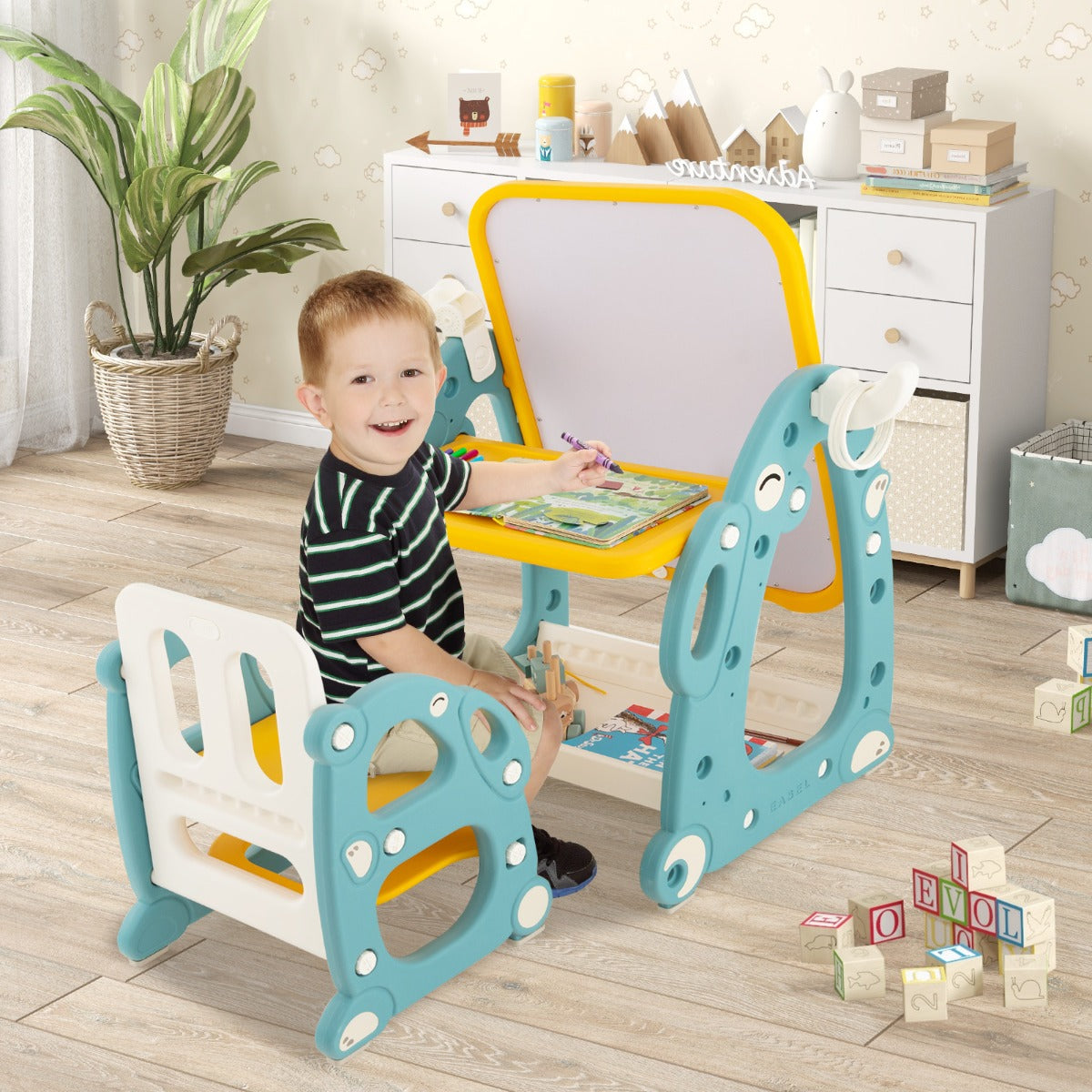 Kids Art Easel with Chair Kids Activity Table Set with Adjustable Whiteboard