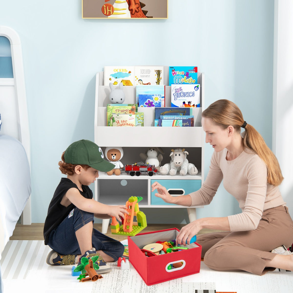 Kids Bookshelf Book Display Rack with 3-Tier Bookshelves and 2 Drawers