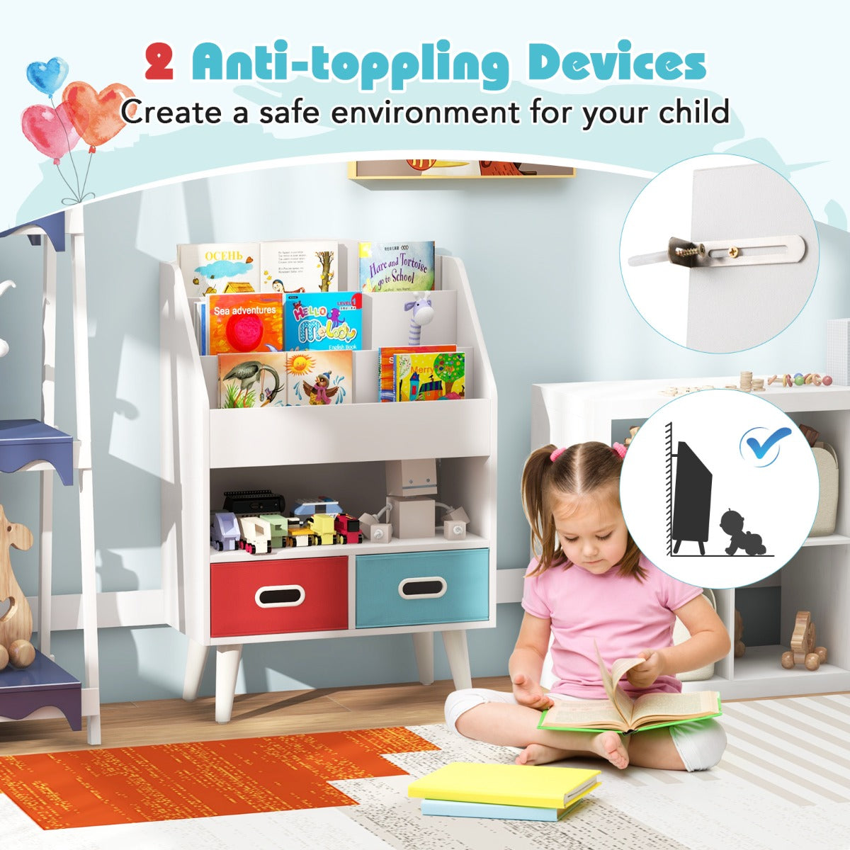 Kids Bookshelf Book Display Rack with 3-Tier Bookshelves and 2 Drawers