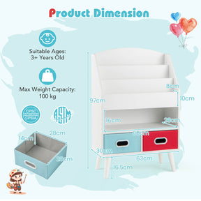 Kids Bookshelf Book Display Rack with 3-Tier Bookshelves and 2 Drawers