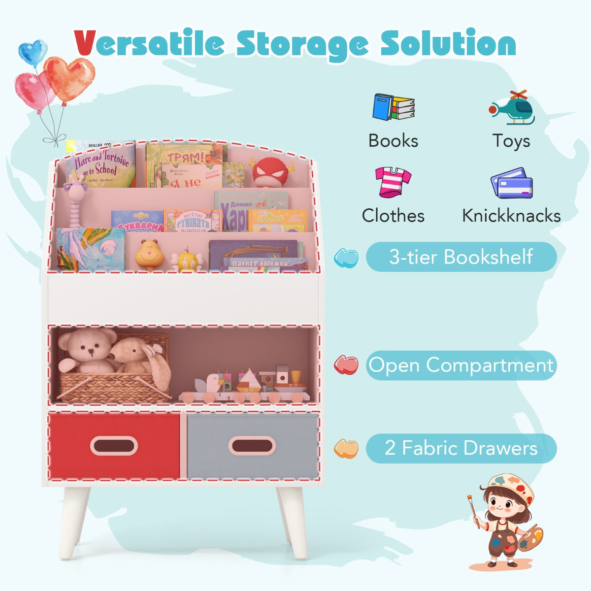 Kids Bookshelf Book Display Rack with 3-Tier Bookshelves and 2 Drawers