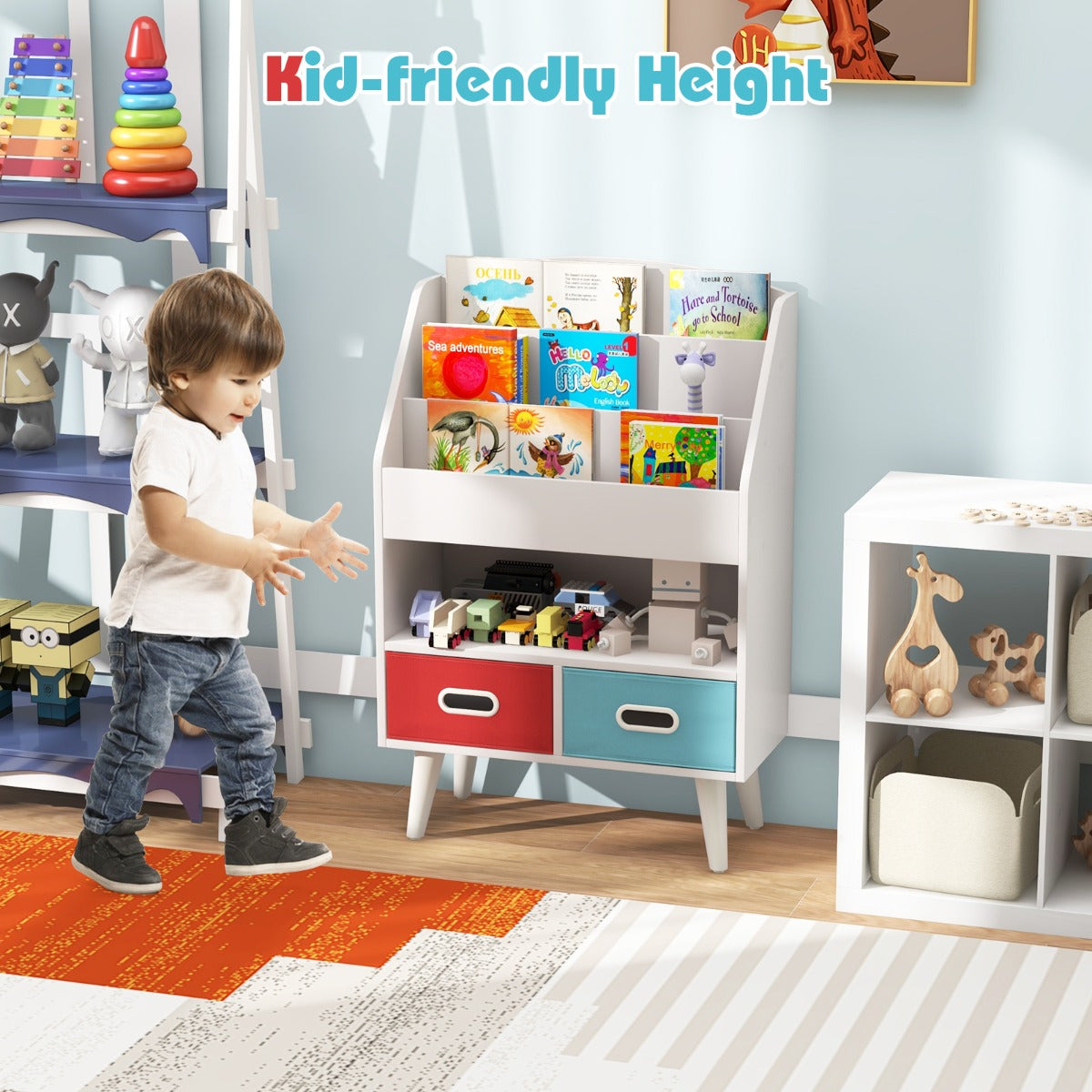 Kids Bookshelf Book Display Rack with 3-Tier Bookshelves and 2 Drawers