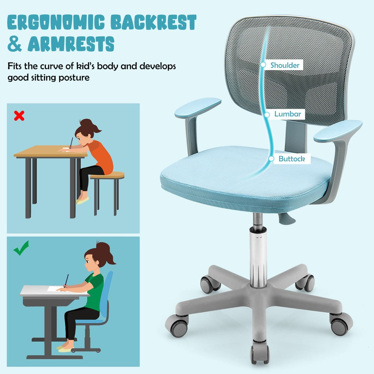 Children Study Computer Chair with Adjustable Height, Lumbar Support for Home, School, Office