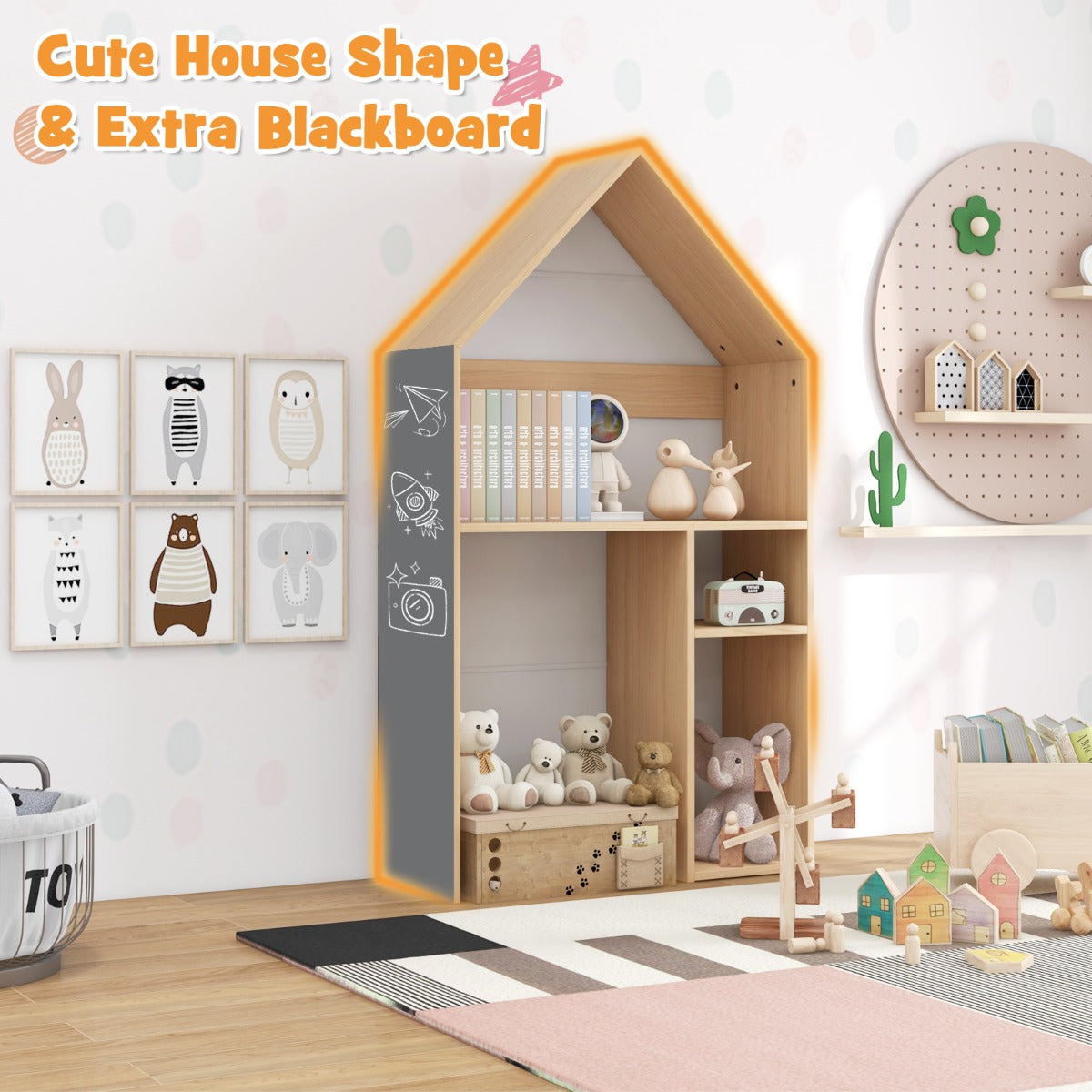 Kids House-Shaped Table and Chair Set with Storage & Blackboard