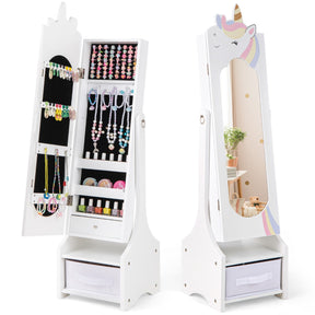 Kids Jewelry Cabinet with Full-Length Mirror and Foldable Drawer