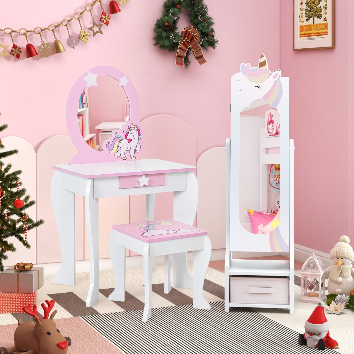 Kids Jewelry Cabinet with Full-Length Mirror and Foldable Drawer