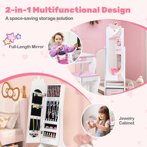 Kids Jewelry Cabinet with Full-Length Mirror and Foldable Drawer