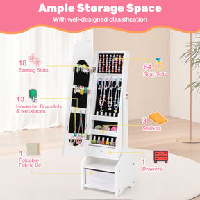 Kids Jewelry Cabinet with Full-Length Mirror and Foldable Drawer