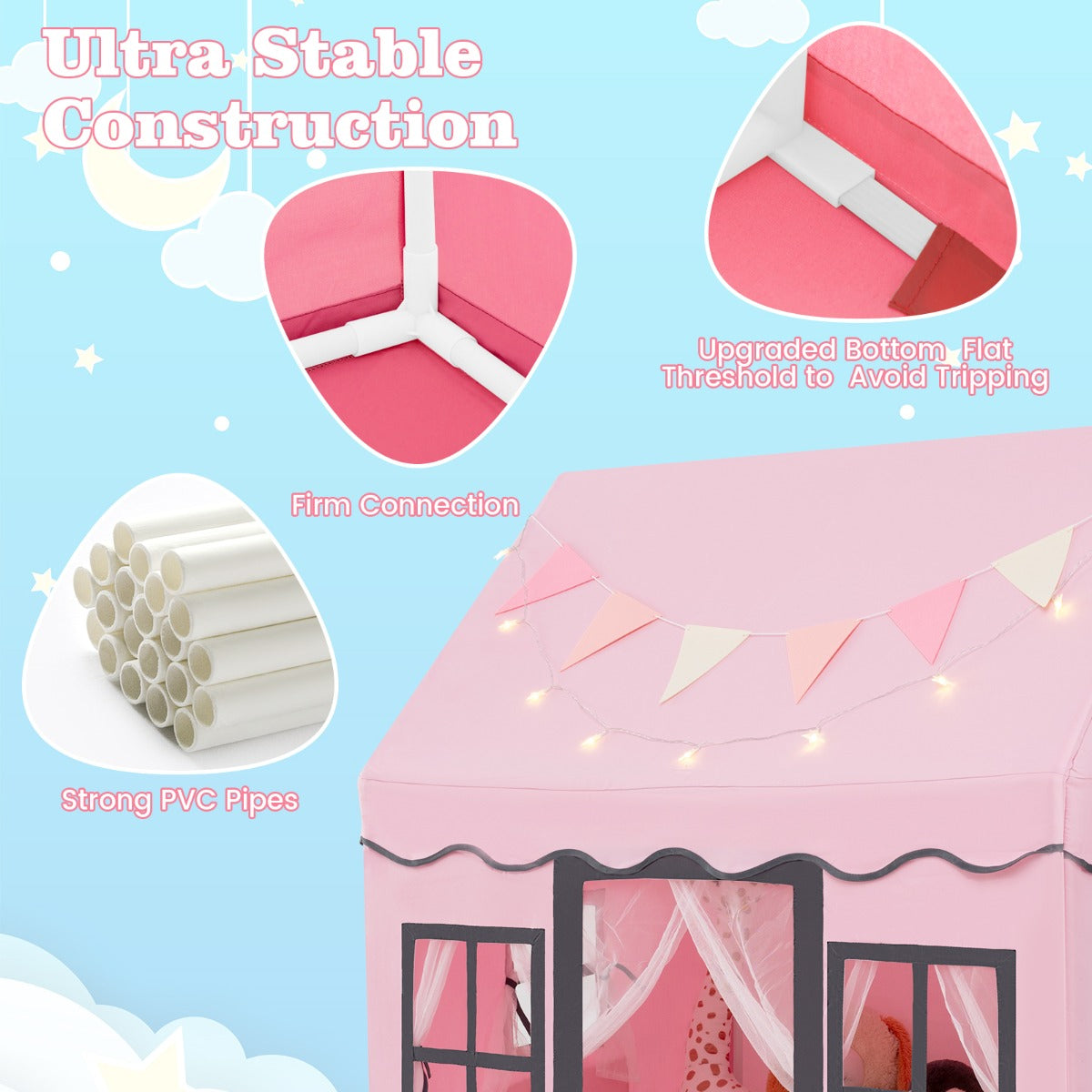 Kids Play Castle Tent Large Playhouse Toys Gifts with Star Lights Washable Mat