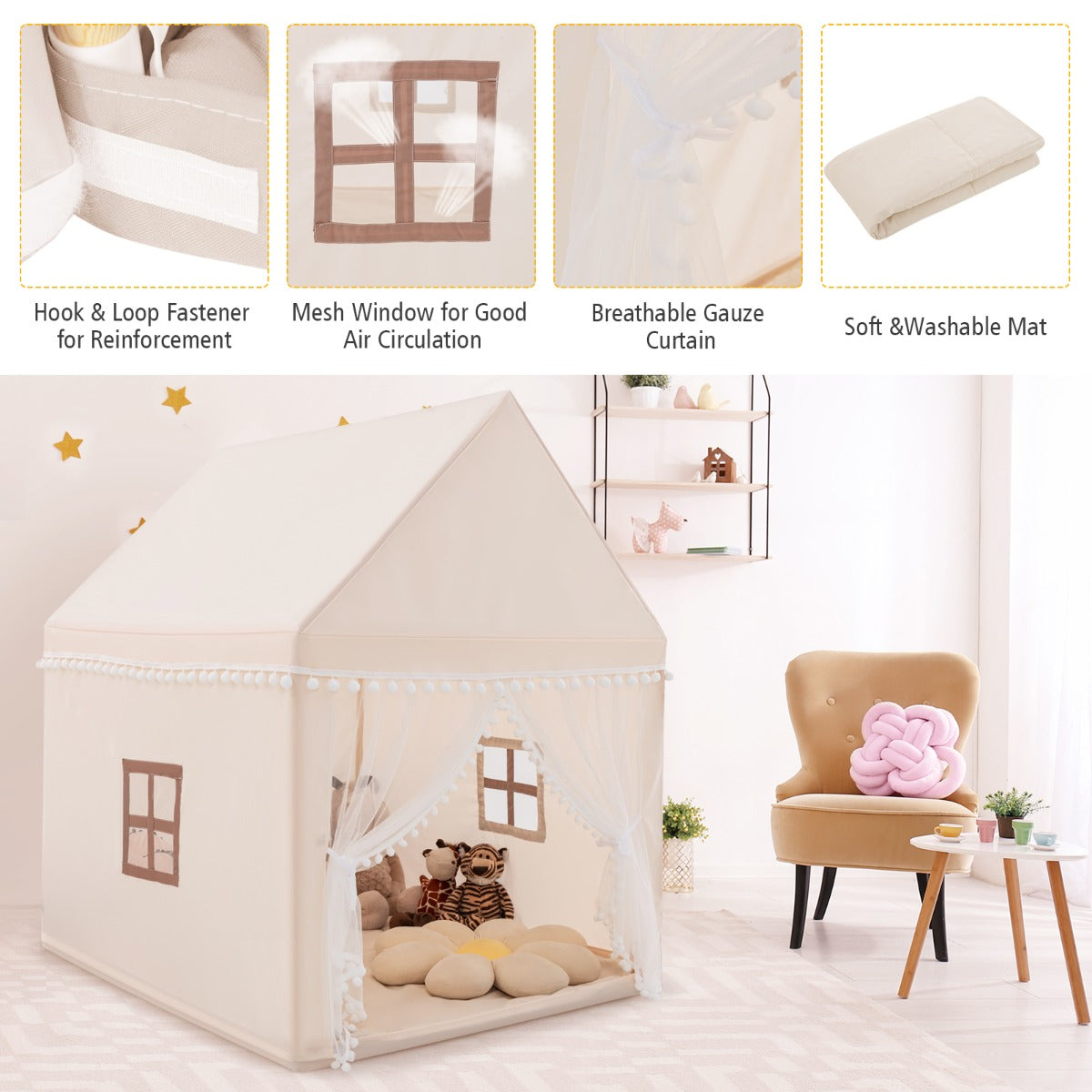 Multipurpose Kids' Playhouse Castle with Solid Wood Frame & Cotton Mat for Boys & Girls