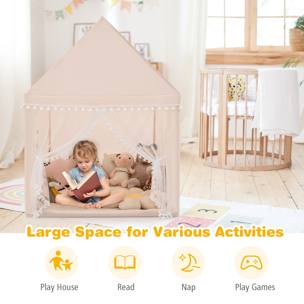 Multipurpose Kids' Playhouse Castle with Solid Wood Frame & Cotton Mat for Boys & Girls