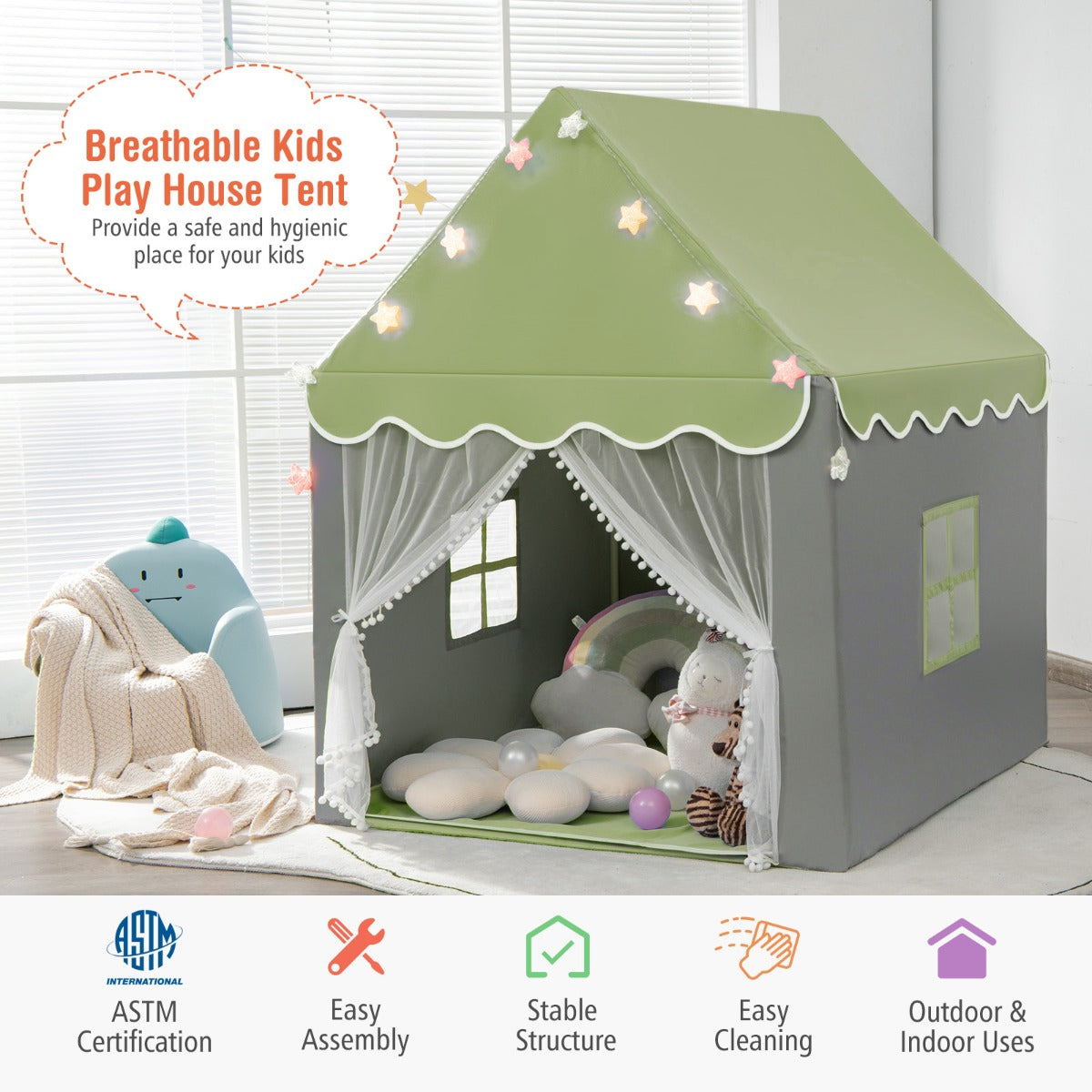 Kids Playhouse Tent with Washable Mat for Boys & Girls