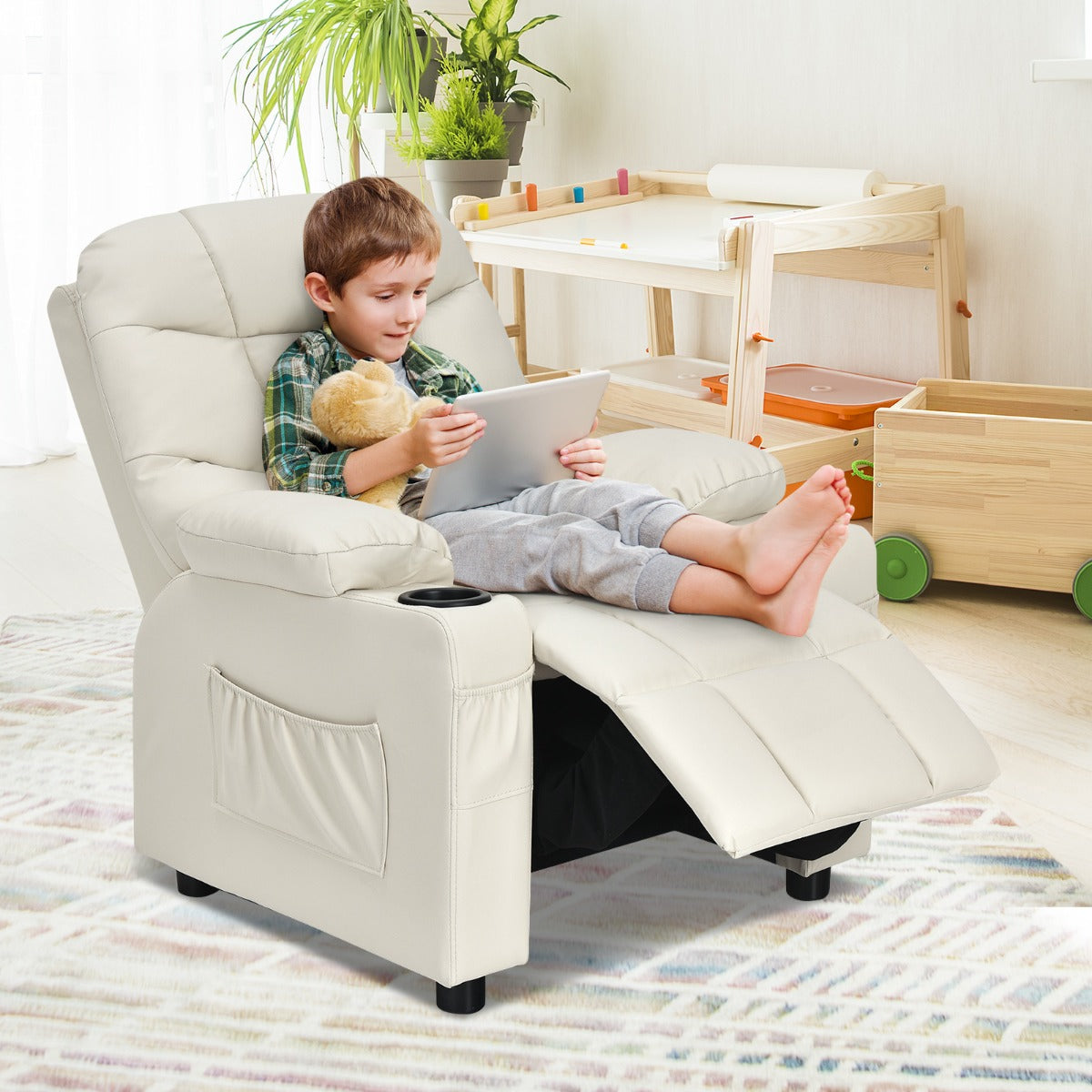 Kids PU Leather Recliner with Cup Holder and Footrest
