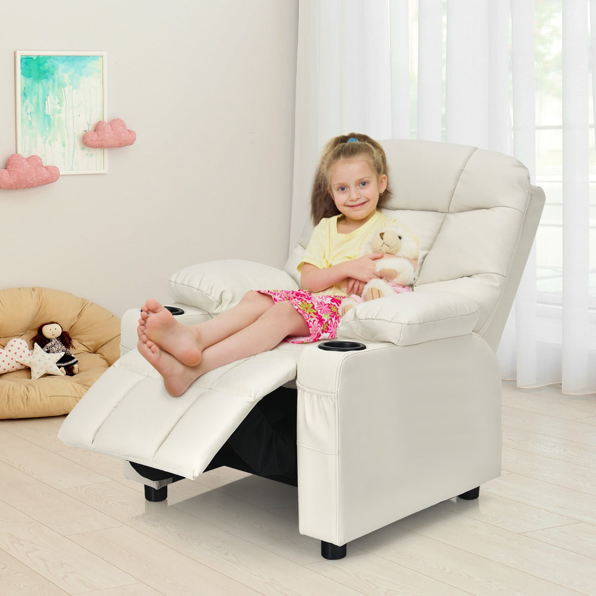 Kids PU Leather Recliner with Cup Holder and Footrest