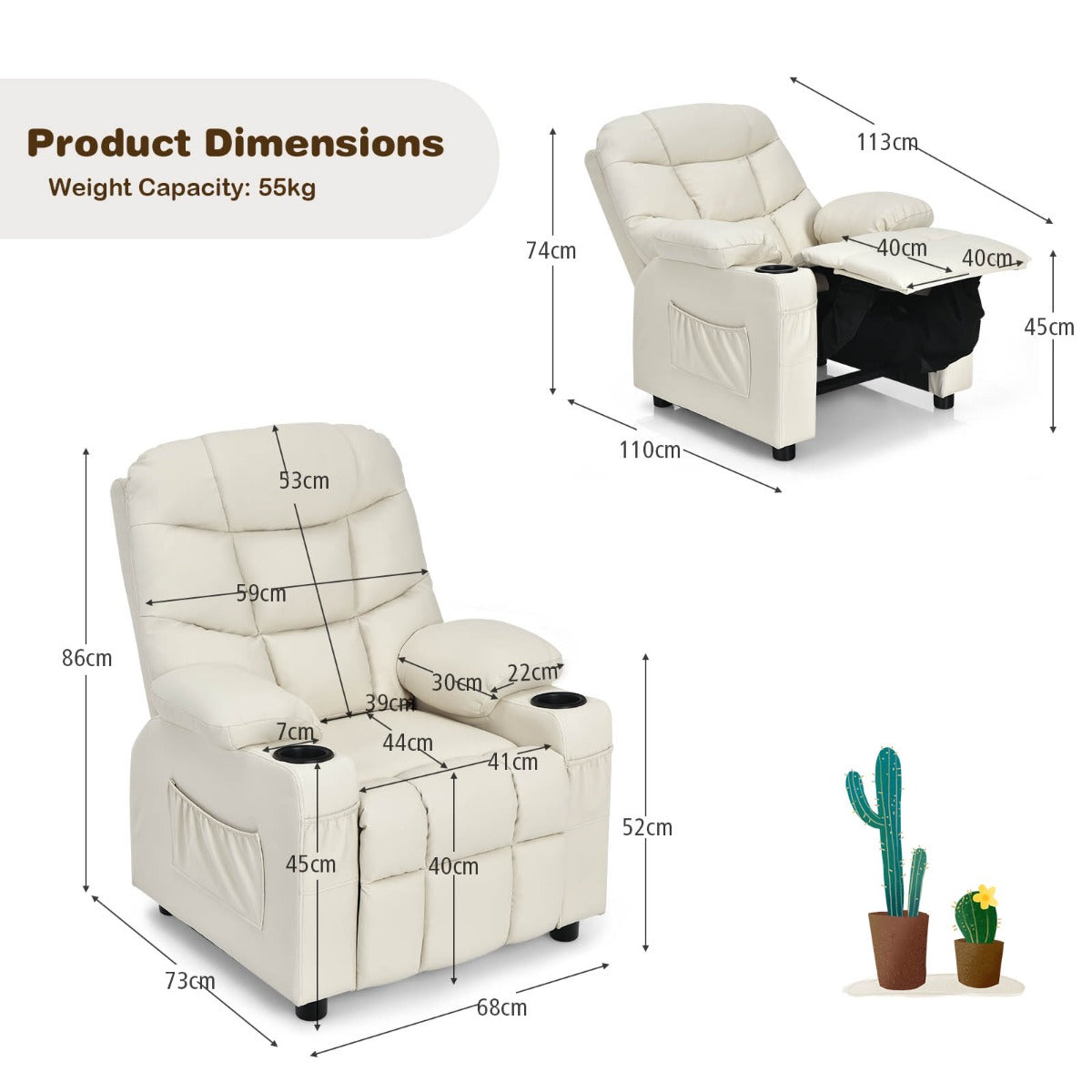 Kids PU Leather Recliner with Cup Holder and Footrest