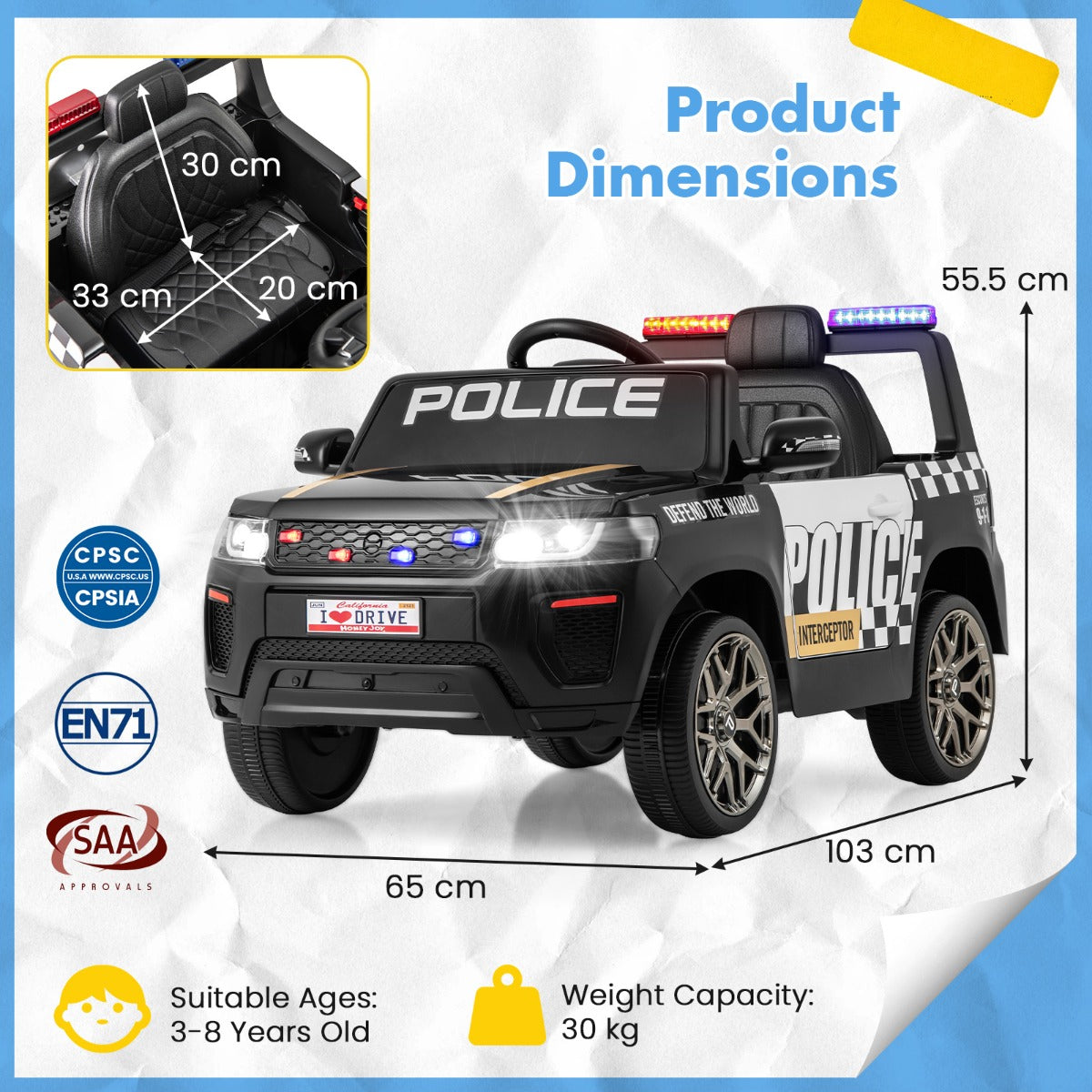 Kids Ride on Police Car with Remote Control and Wireless Connection for Children