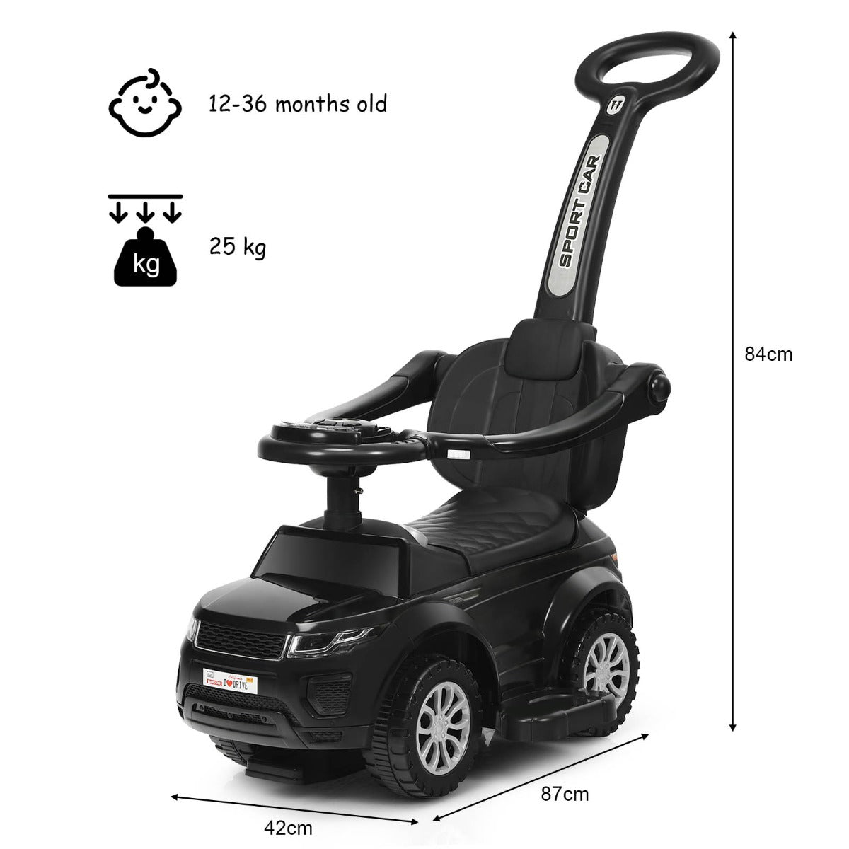 3-in-1 Kids Ride On Push Car with Horn, Music, Light Dancing to Music for Toddlers