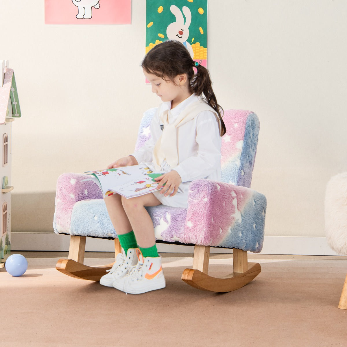 Kids Rocking Chair, Upholstered Flannel Children Rocker with Solid ...
