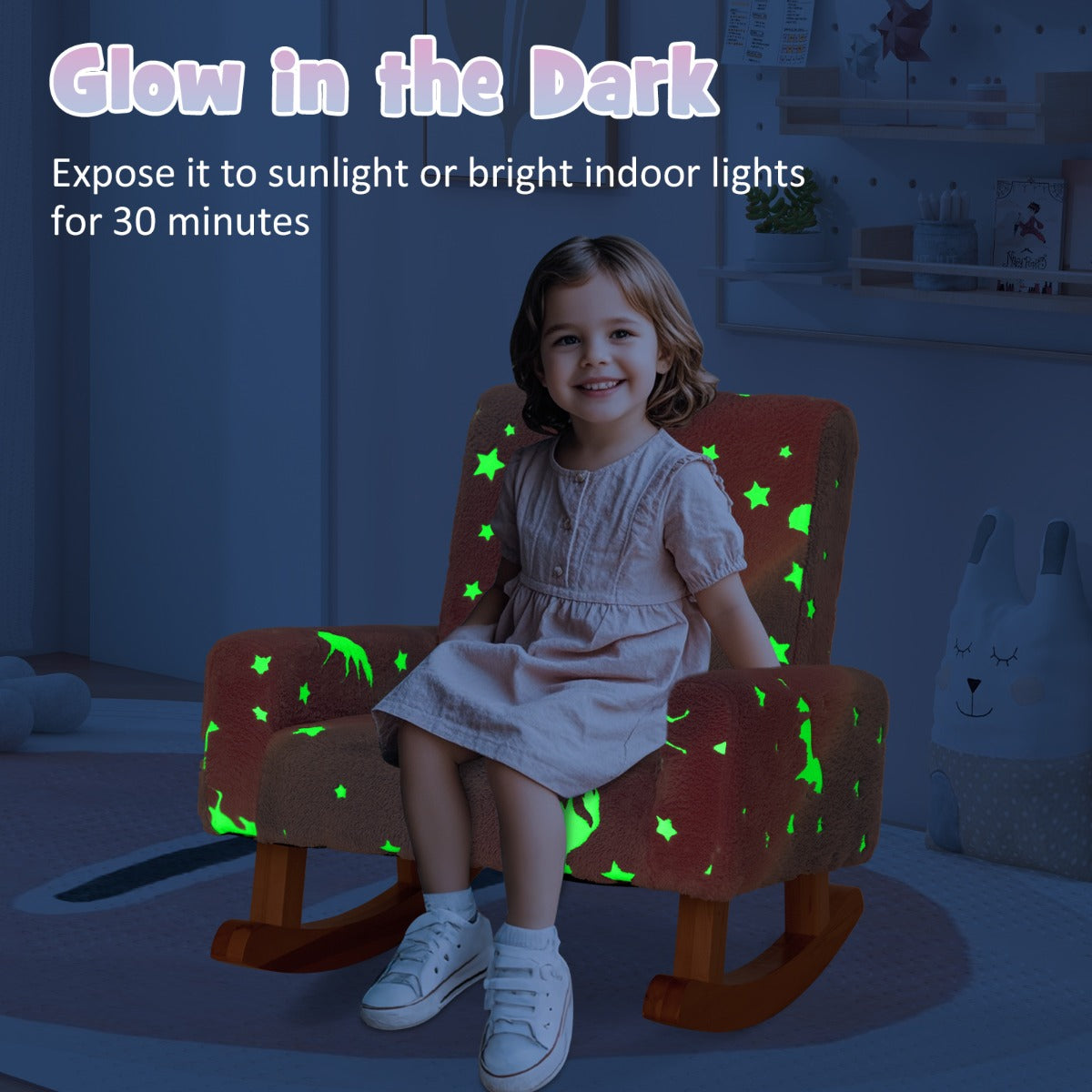 Kids Rocking Chair with Solid Poplar Wood Rocking Feet, Comfy Backrest and Armrests