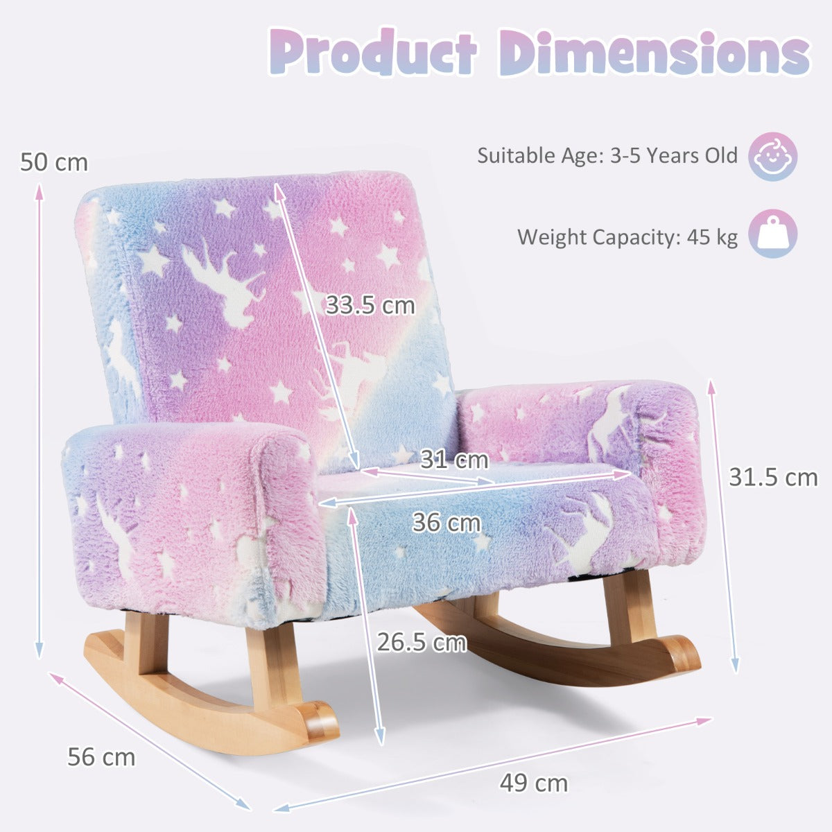 Kids Rocking Chair with Solid Poplar Wood Rocking Feet, Comfy Backrest and Armrests