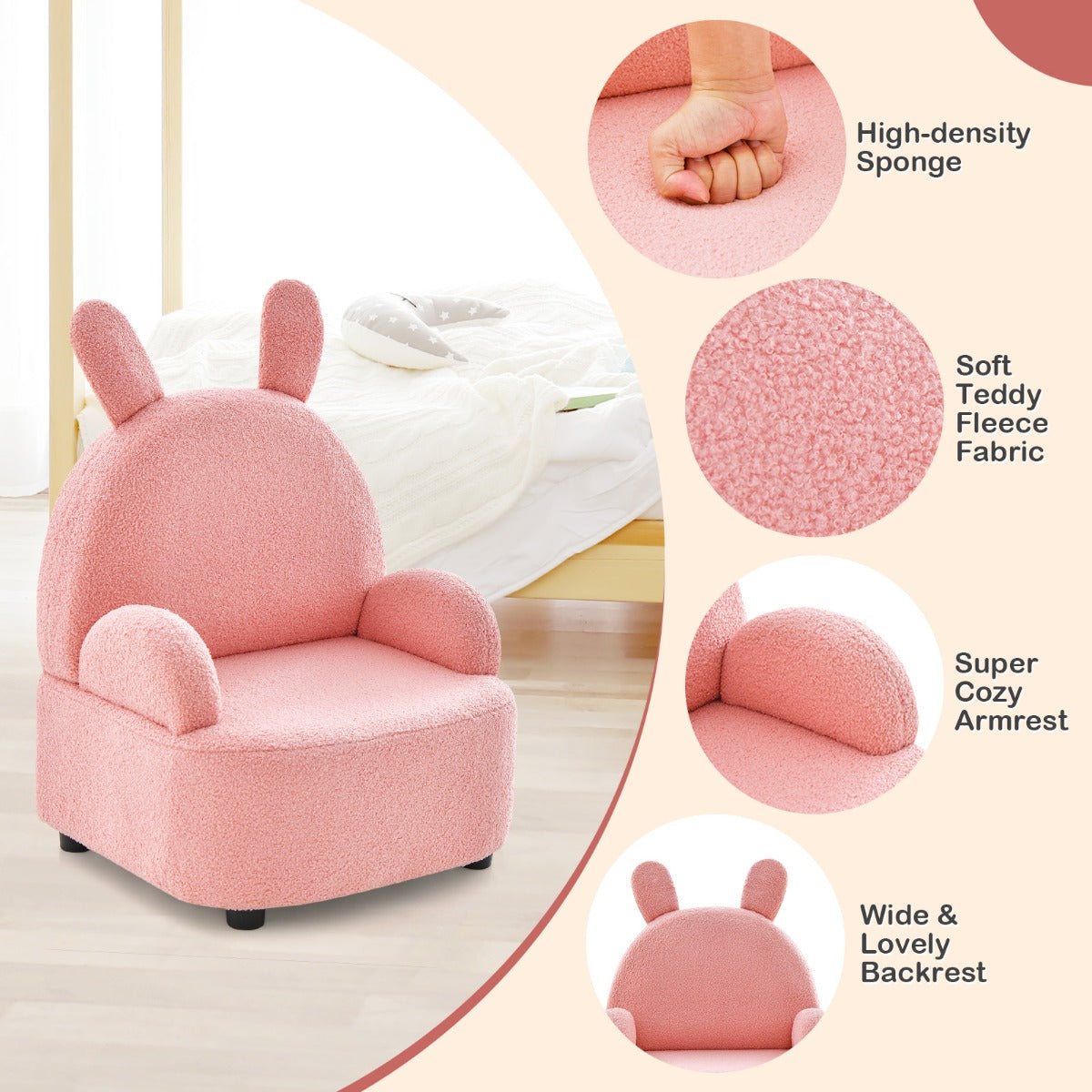Kids Sofa Chair with Wood Construction Plush Fabric for Nursery