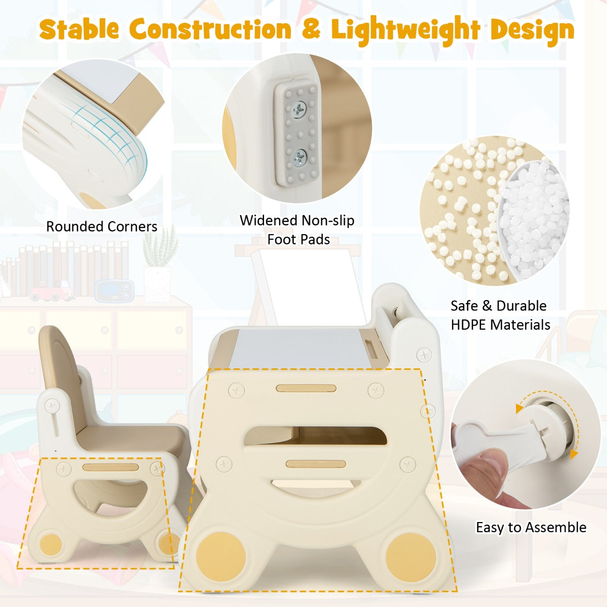 Kids Drawing Table and Chair Set with Graffiti Desktop Bookshelf