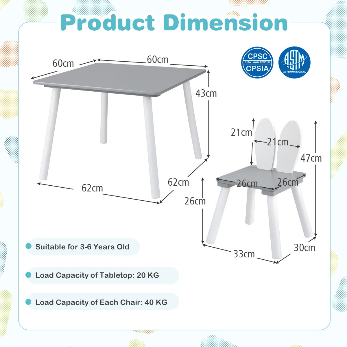 3 Pieces Kids Table and 2 Chairs Set for Arts, Crafts, Snack Time