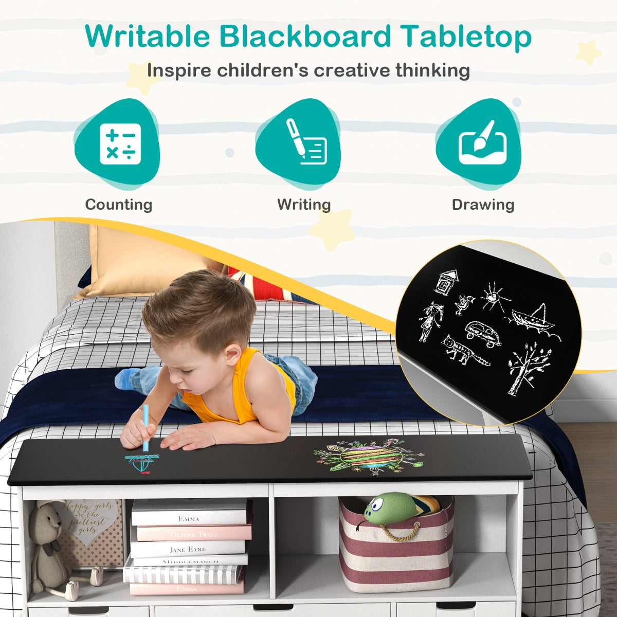 Storage Cabinet Display Shelf with Blackboard Top for Kids Room