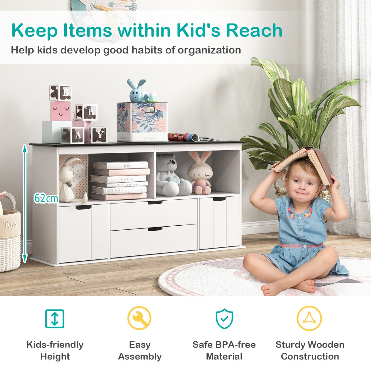 Storage Cabinet Display Shelf with Blackboard Top for Kids Room